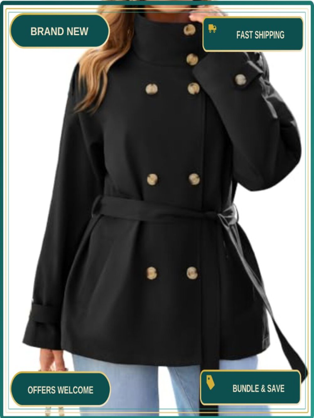 Water Repellent Twill Short Trench Coat Double Breasted Belted